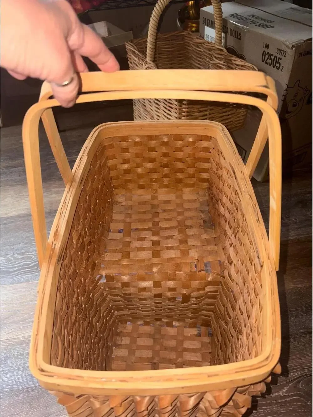 Vintage hand-woven wooden stair-step basket with curly splint decorations